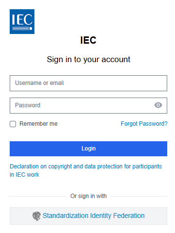 IEC SSO login screen showing fields and user interface.