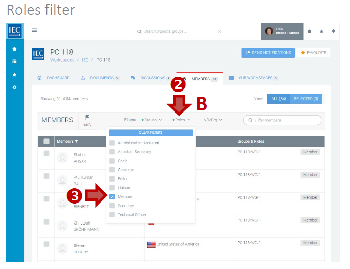 Using a roles filter on a member list.