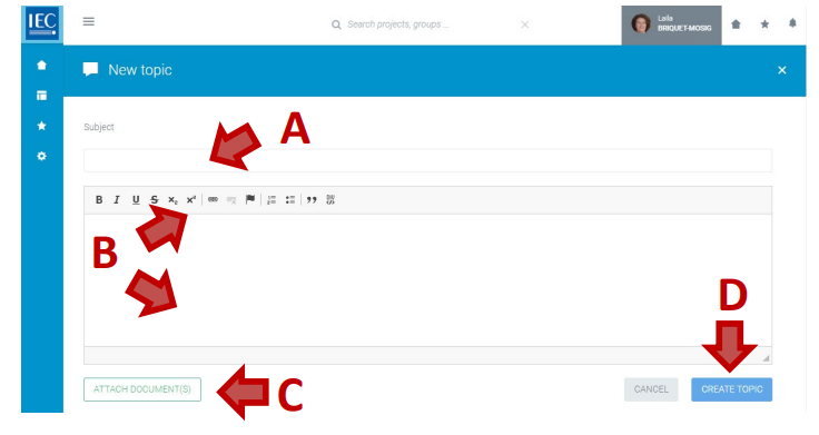 New topic interface showing steps A to D.