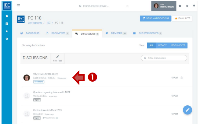 Selecting the topic in a discussion list.
