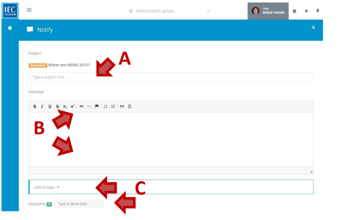 Completing the interface for a notification, showing subject and message body.