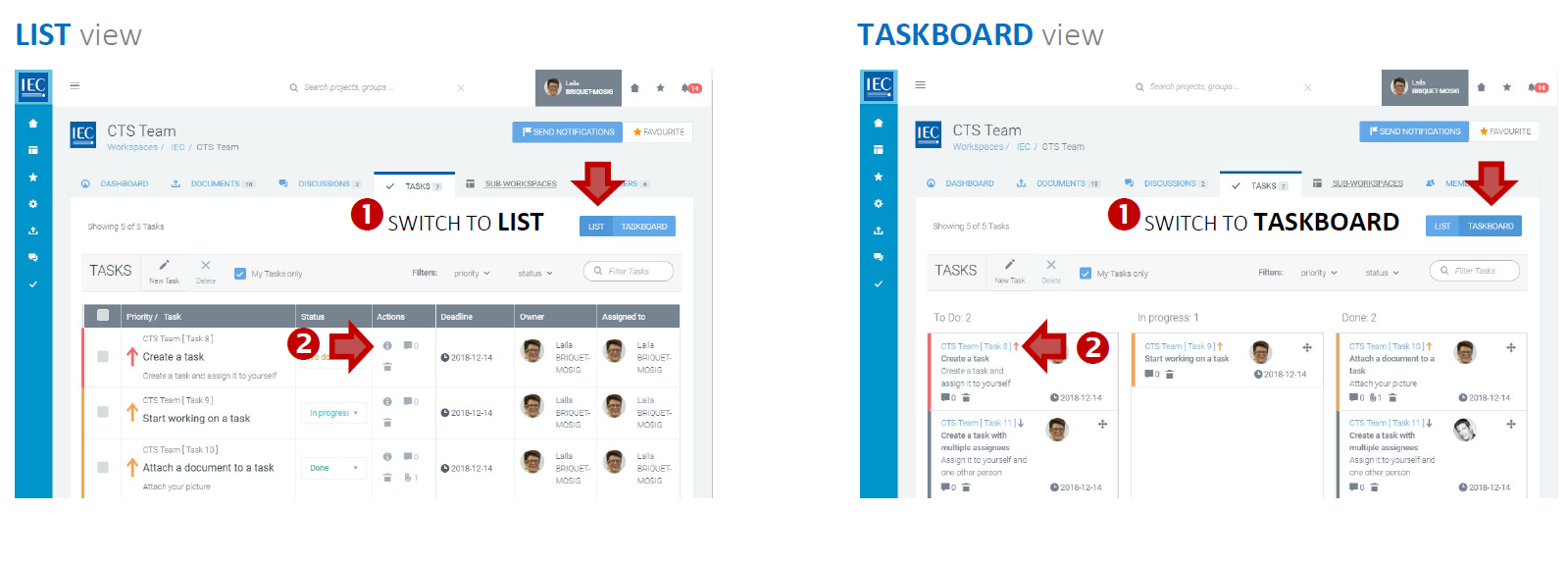 Selecting list or taskboard in workspace tasks.