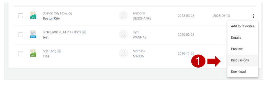 Discussions access from the file's menu.