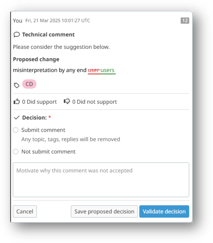 Select Decision options on comment card.
