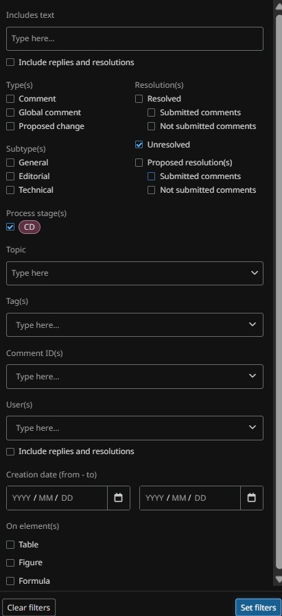 Comment filter options.