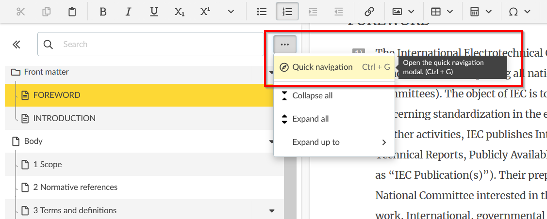 OSD image showing the Quick navigation search option.