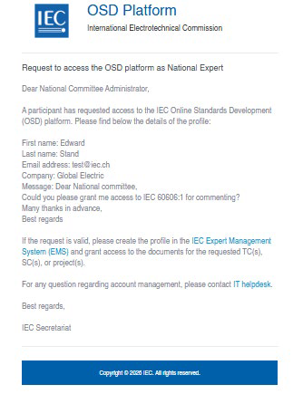 Example new account request for National Experts.
