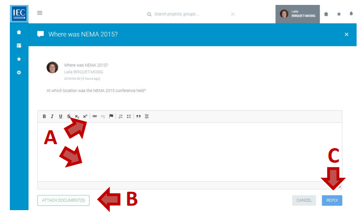Steps A to C of completing the fields for replying to a message.