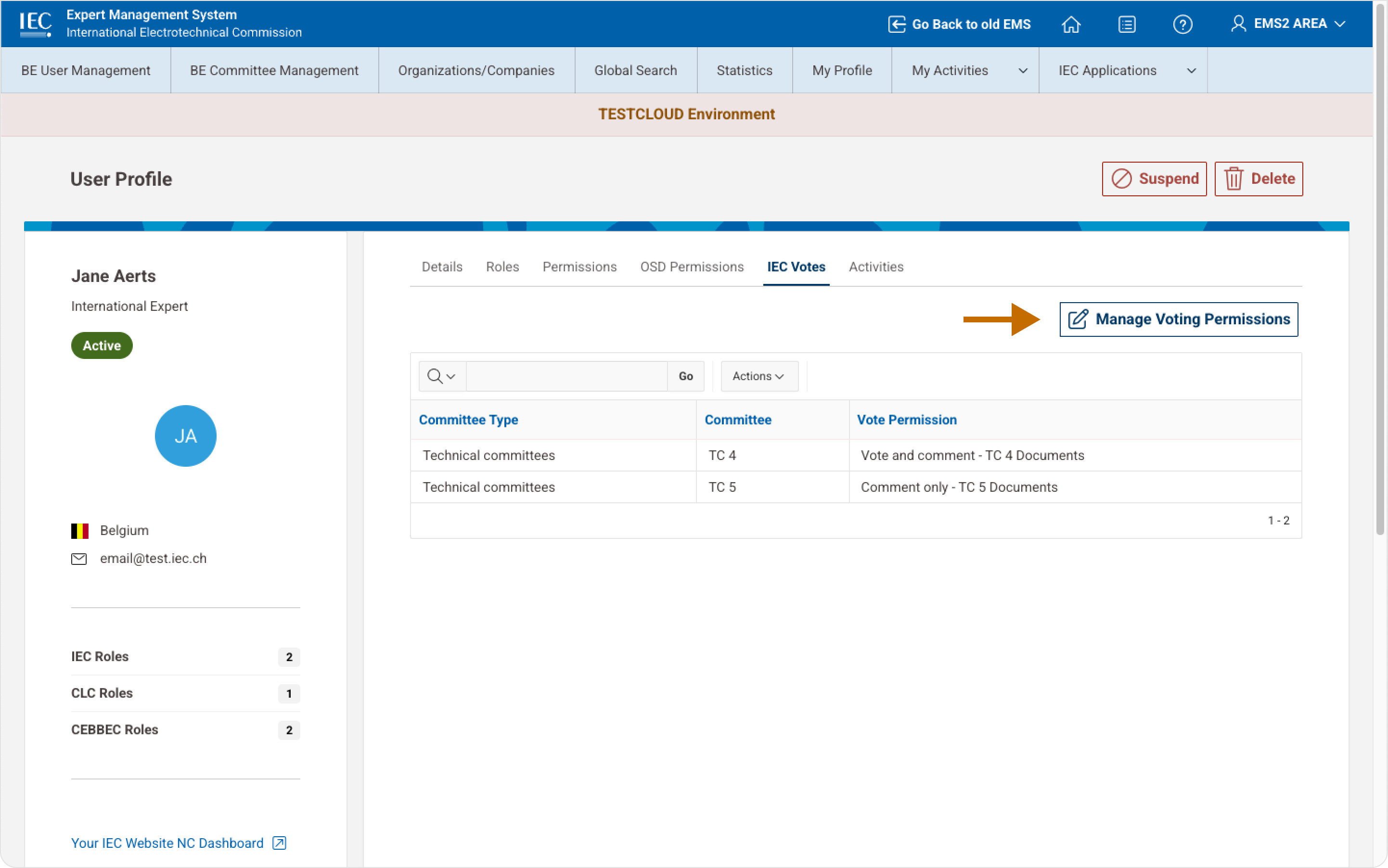 Manage Voting Permissions panel