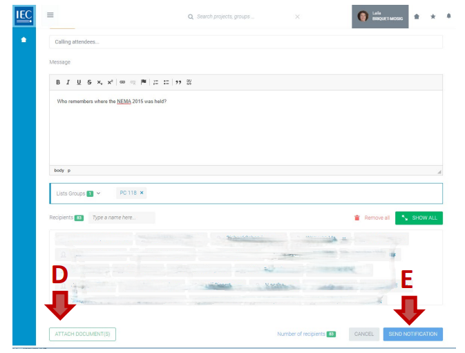 Attaching documents and sending the notification interface.