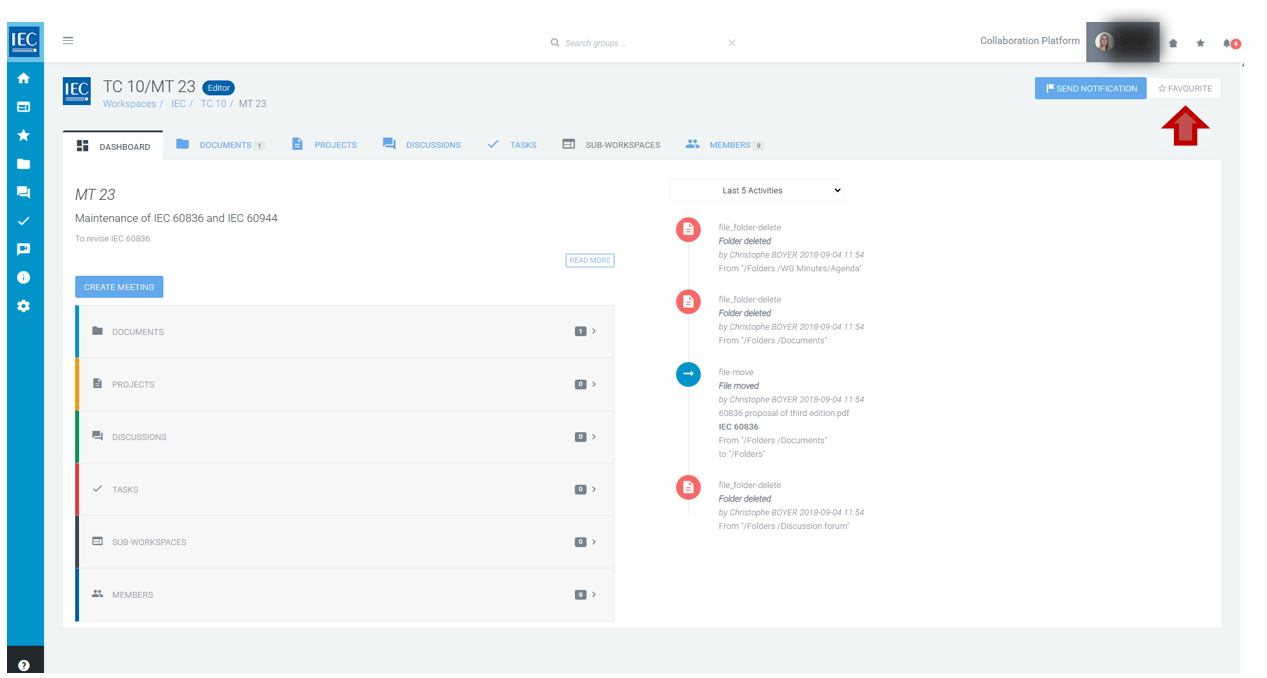 Demonstration of favourite option within workspace.