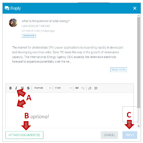 Reply to discussion Collaboration Platform (CP) interface.