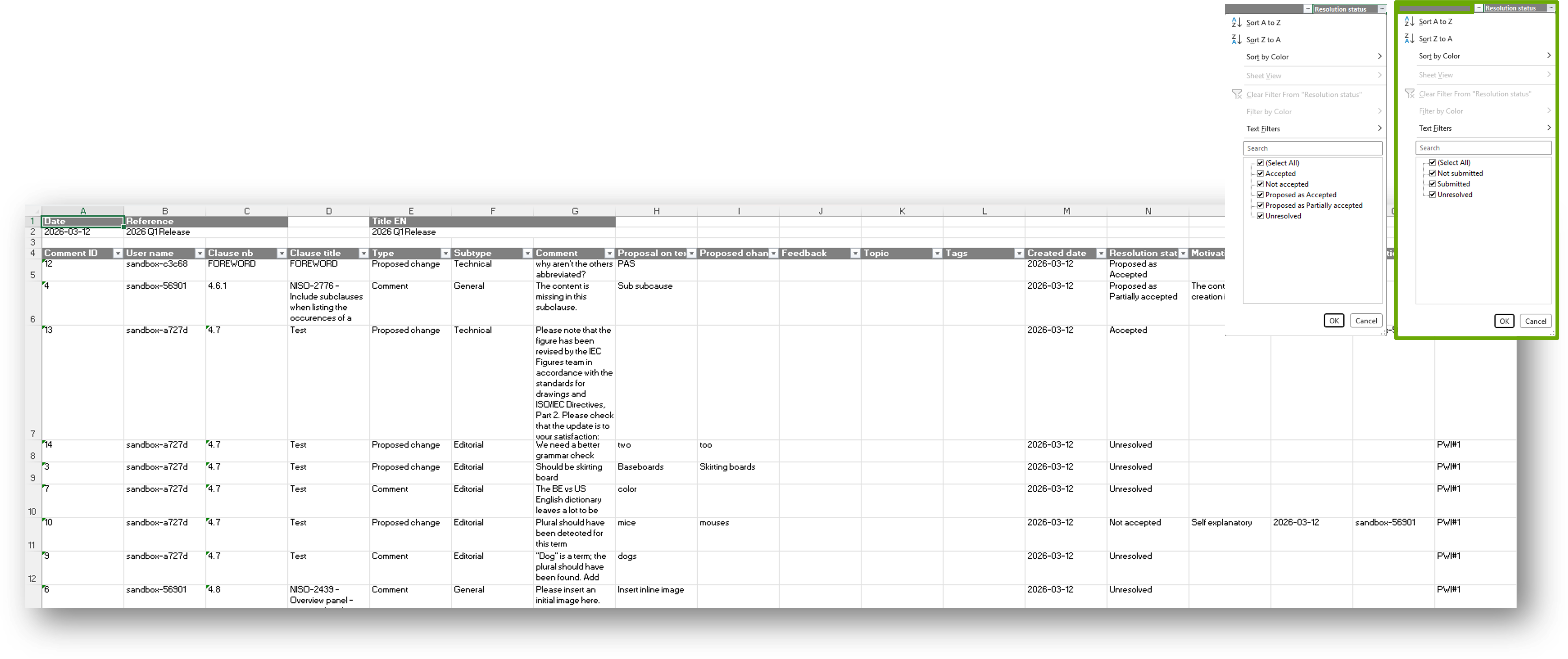 Example comments sheet.